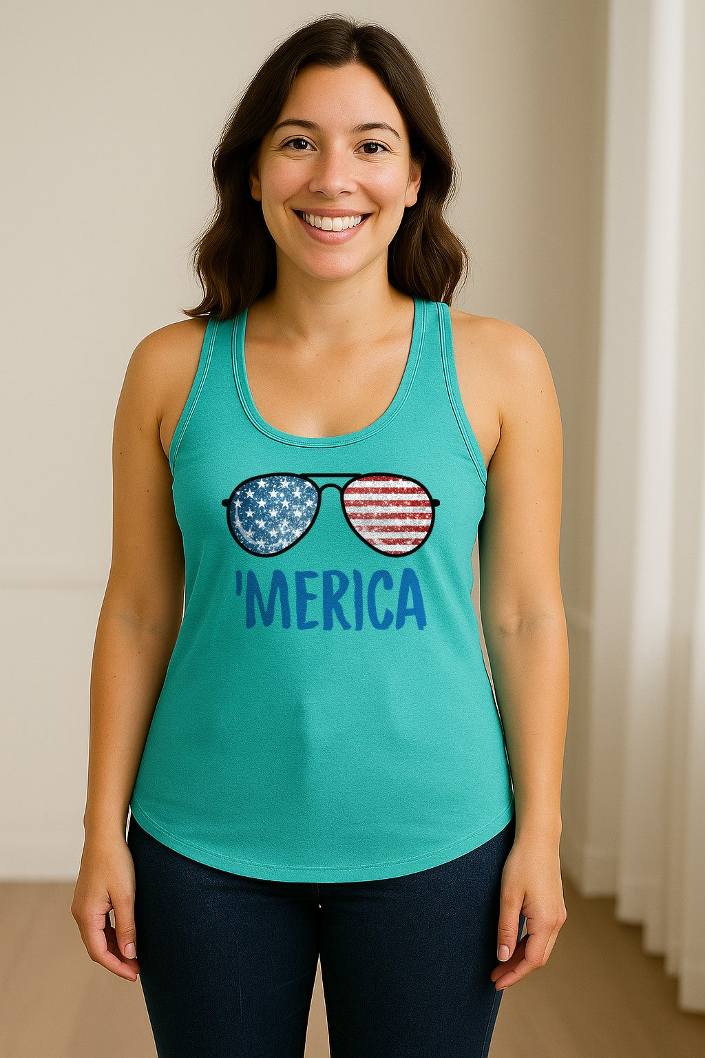 'Merica Sunglasses Women's Racerback Tank Top, Patriotic Fourth of July Outfit