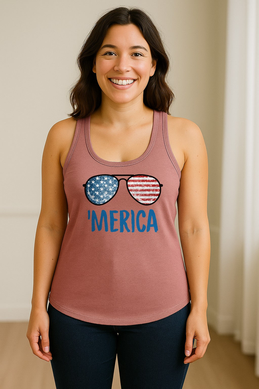 'Merica Sunglasses Women's Racerback Tank Top, Patriotic Fourth of July Outfit