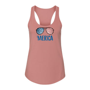 'Merica Sunglasses Women's Racerback Tank Top, Patriotic Fourth of July Outfit