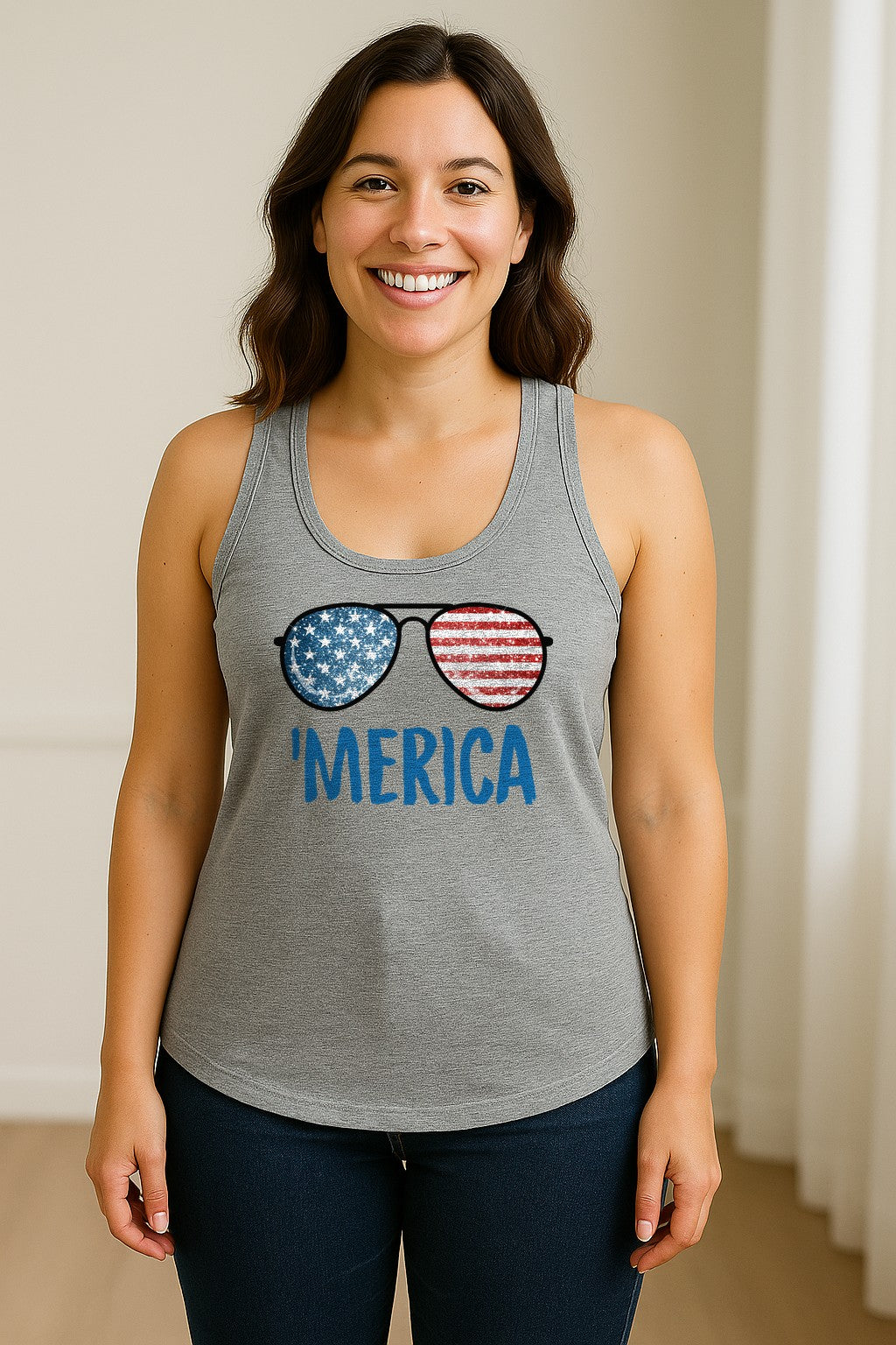 'Merica Sunglasses Women's Racerback Tank Top, Patriotic Fourth of July Outfit
