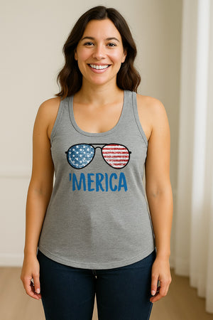 'Merica Sunglasses Women's Racerback Tank Top, Patriotic Fourth of July Outfit