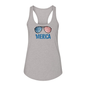 'Merica Sunglasses Women's Racerback Tank Top, Patriotic Fourth of July Outfit