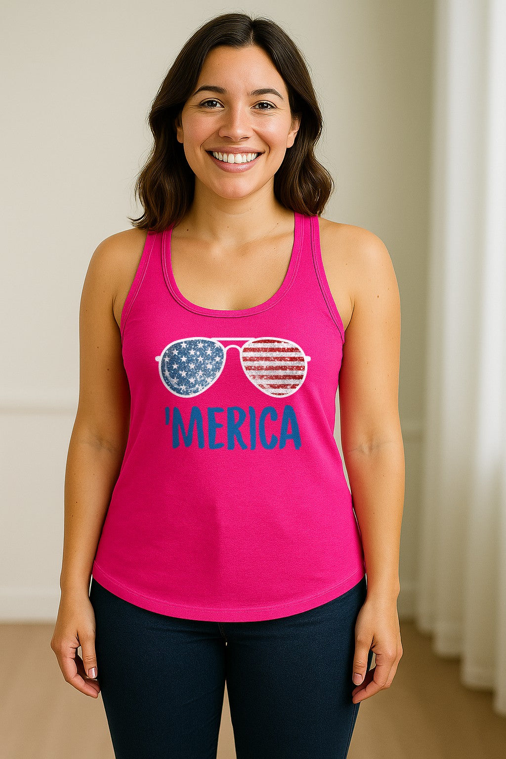 'Merica Sunglasses Women's Racerback Tank Top, Patriotic Fourth of July Outfit