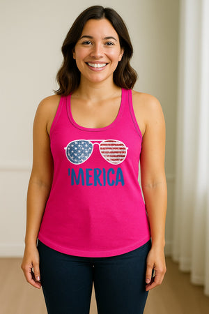 'Merica Sunglasses Women's Racerback Tank Top, Patriotic Fourth of July Outfit