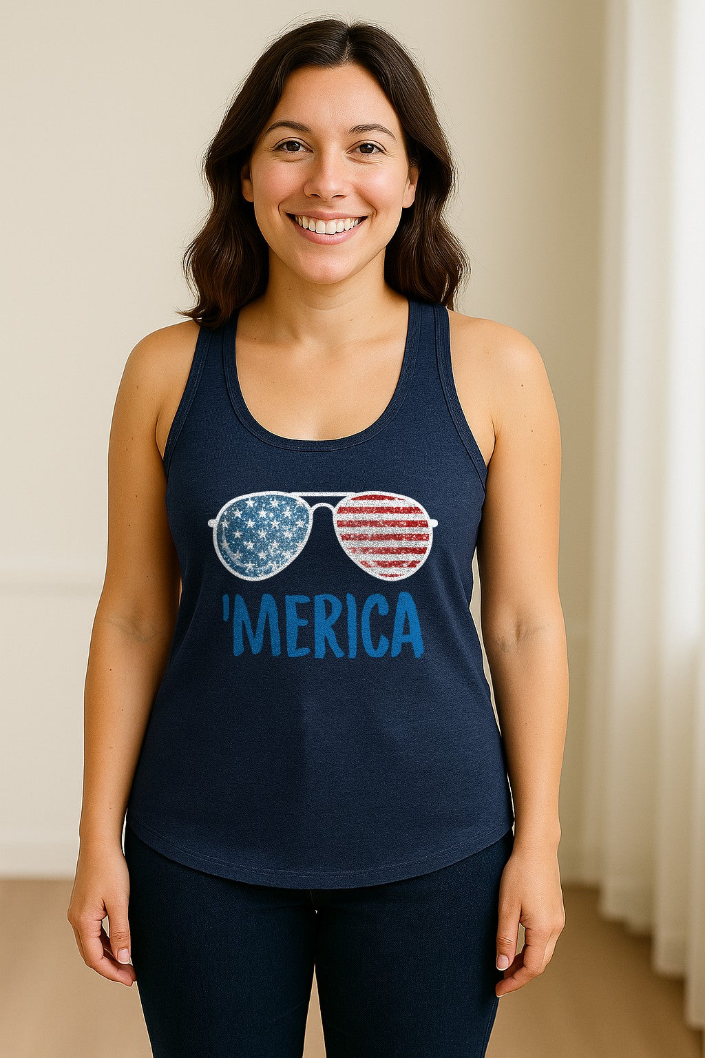 'Merica Sunglasses Women's Racerback Tank Top, Patriotic Fourth of July Outfit