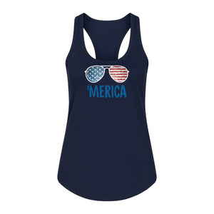 'Merica Sunglasses Women's Racerback Tank Top, Patriotic Fourth of July Outfit