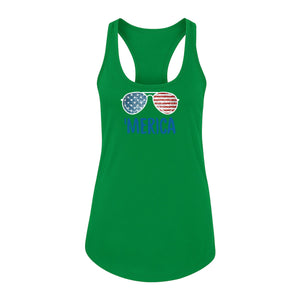 'Merica Sunglasses Women's Racerback Tank Top, Patriotic Fourth of July Outfit