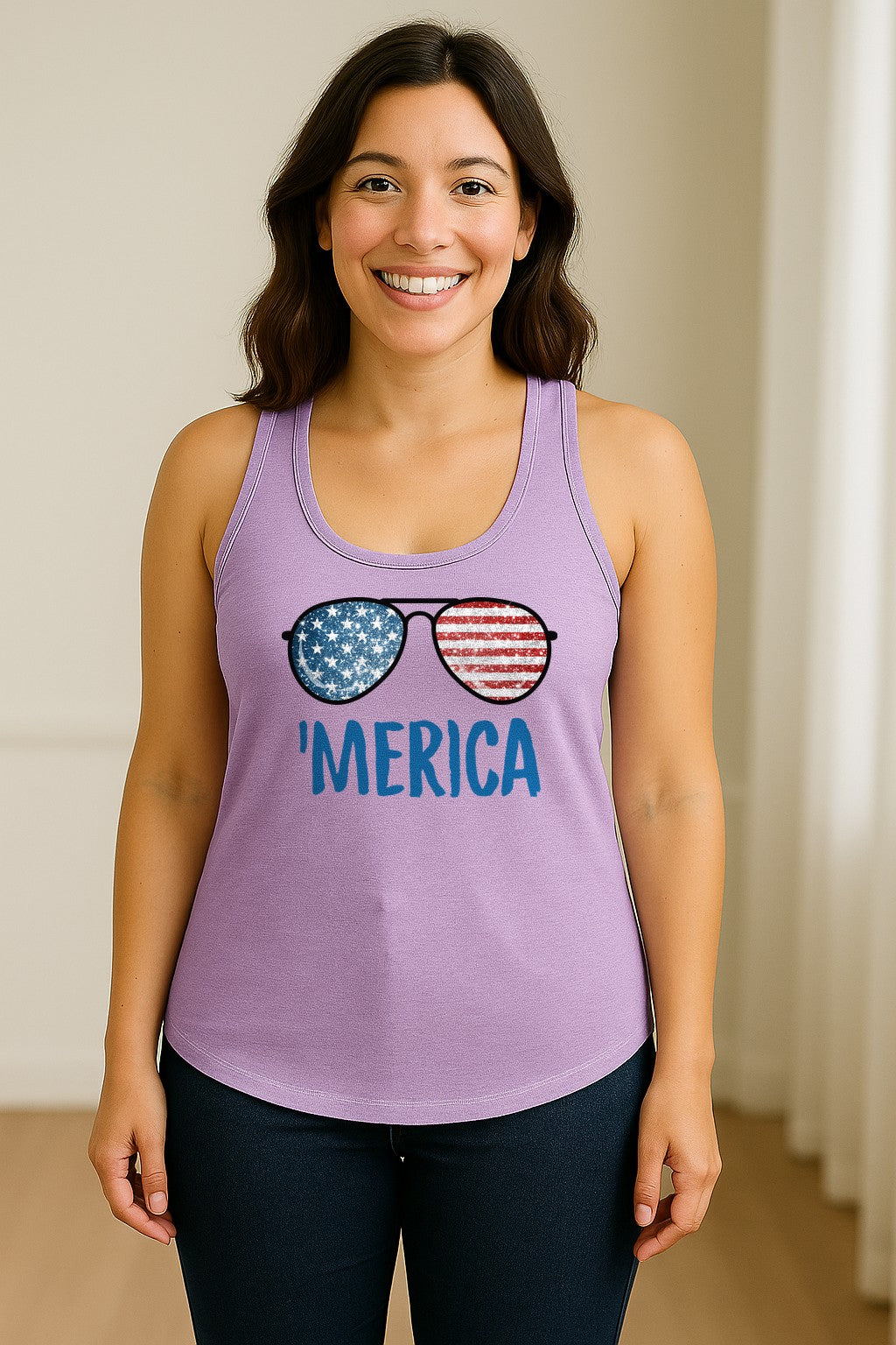 'Merica Sunglasses Women's Racerback Tank Top, Patriotic Fourth of July Outfit