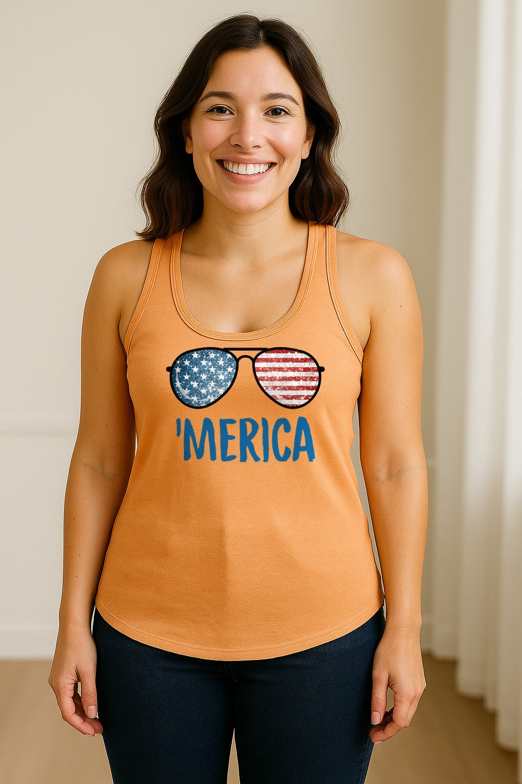 'Merica Sunglasses Women's Racerback Tank Top, Patriotic Fourth of July Outfit