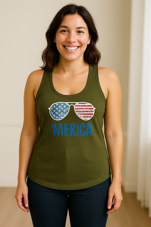'Merica Sunglasses Women's Racerback Tank Top, Patriotic Fourth of July Outfit