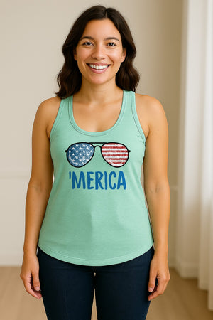 'Merica Sunglasses Women's Racerback Tank Top, Patriotic Fourth of July Outfit