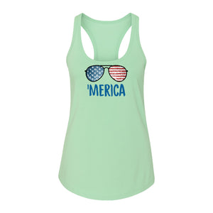 'Merica Sunglasses Women's Racerback Tank Top, Patriotic Fourth of July Outfit