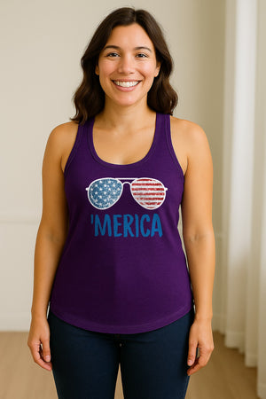 'Merica Sunglasses Women's Racerback Tank Top, Patriotic Fourth of July Outfit