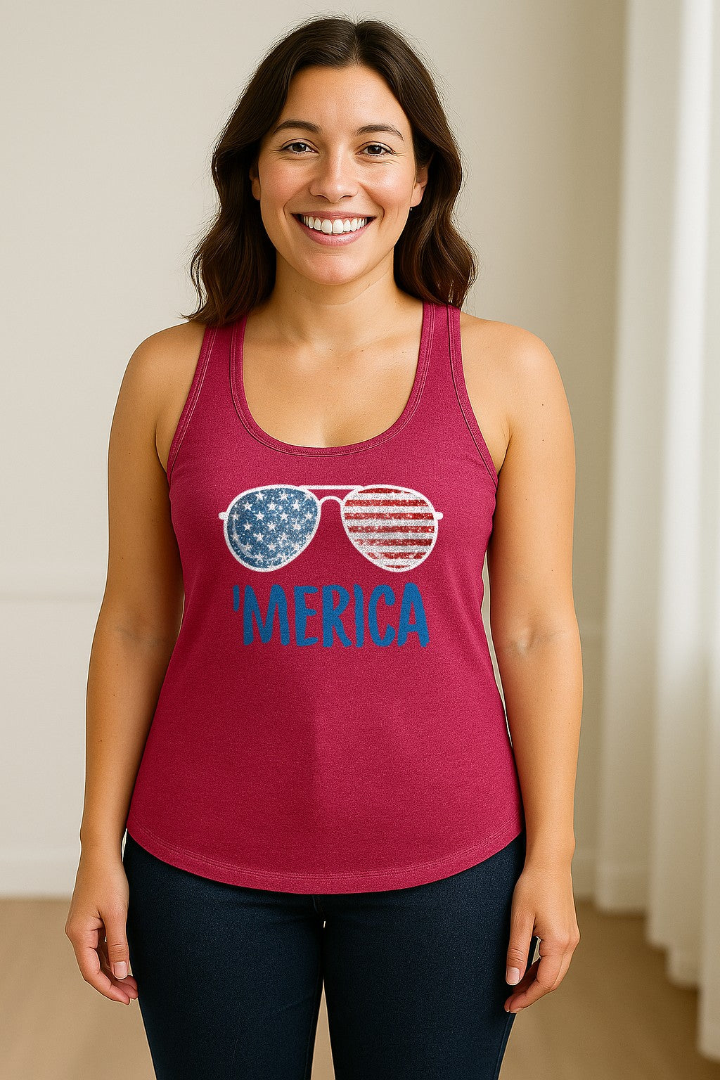 'Merica Sunglasses Women's Racerback Tank Top, Patriotic Fourth of July Outfit