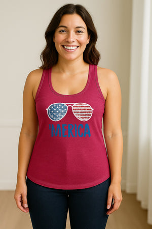 'Merica Sunglasses Women's Racerback Tank Top, Patriotic Fourth of July Outfit