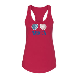 'Merica Sunglasses Women's Racerback Tank Top, Patriotic Fourth of July Outfit