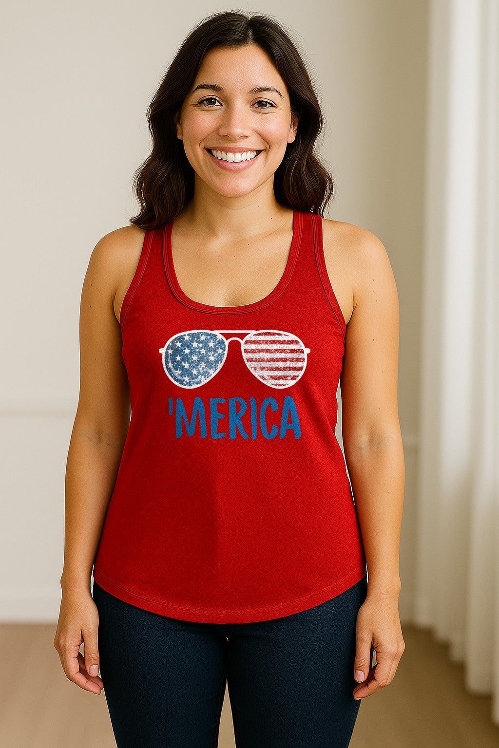 'Merica Sunglasses Women's Racerback Tank Top, Patriotic Fourth of July Outfit