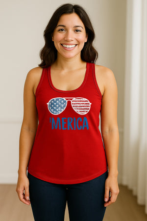 'Merica Sunglasses Women's Racerback Tank Top, Patriotic Fourth of July Outfit