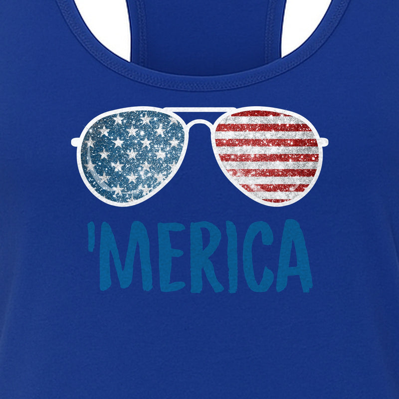 'Merica Sunglasses Women's Racerback Tank Top, Patriotic Fourth of July Outfit