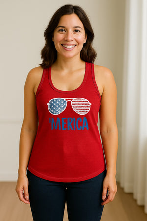 'Merica Sunglasses Women's Racerback Tank Top, Patriotic Fourth of July Outfit