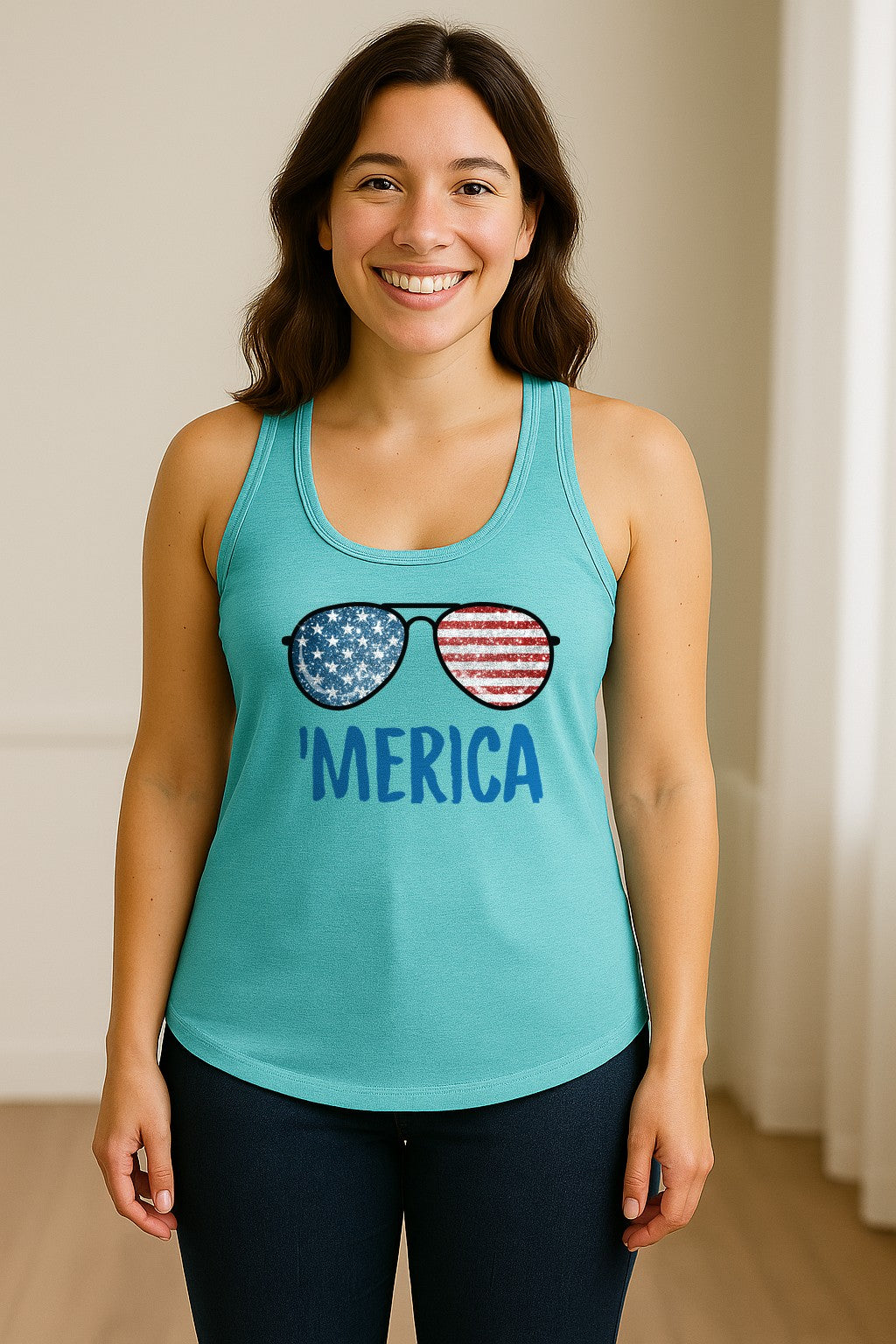 'Merica Sunglasses Women's Racerback Tank Top, Patriotic Fourth of July Outfit