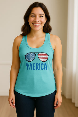 'Merica Sunglasses Women's Racerback Tank Top, Patriotic Fourth of July Outfit