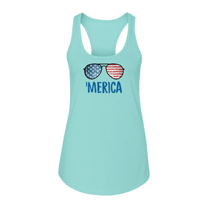 'Merica Sunglasses Women's Racerback Tank Top, Patriotic Fourth of July Outfit