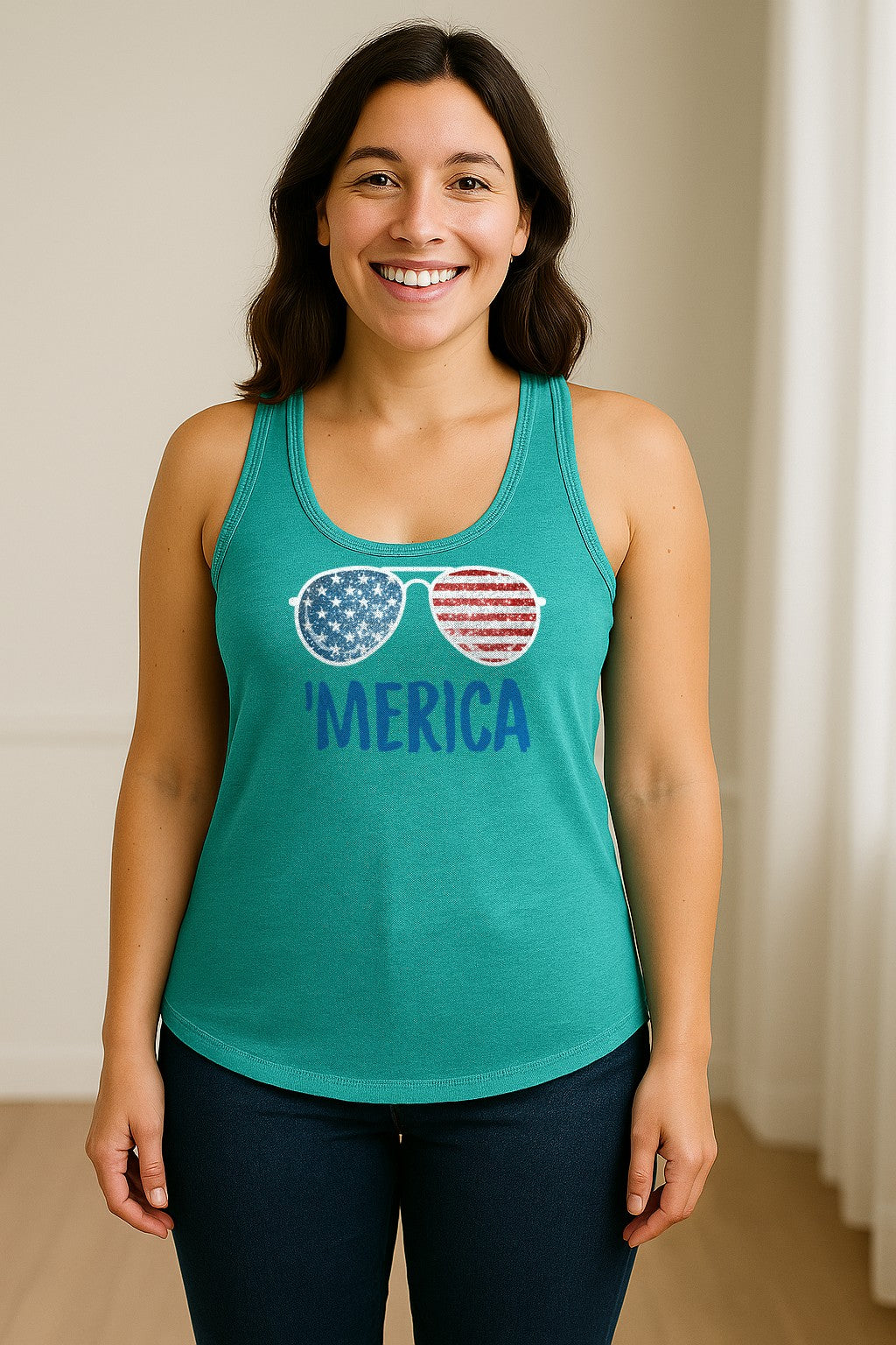 'Merica Sunglasses Women's Racerback Tank Top, Patriotic Fourth of July Outfit