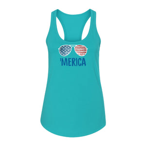 'Merica Sunglasses Women's Racerback Tank Top, Patriotic Fourth of July Outfit