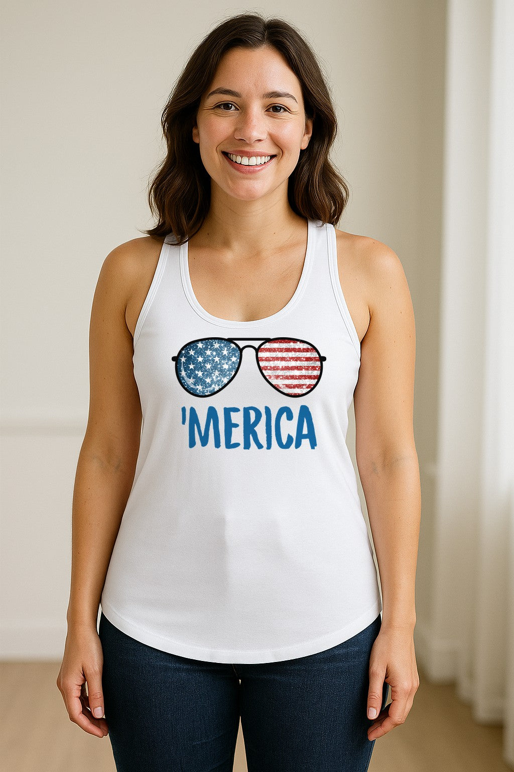 'Merica Sunglasses Women's Racerback Tank Top, Patriotic Fourth of July Outfit