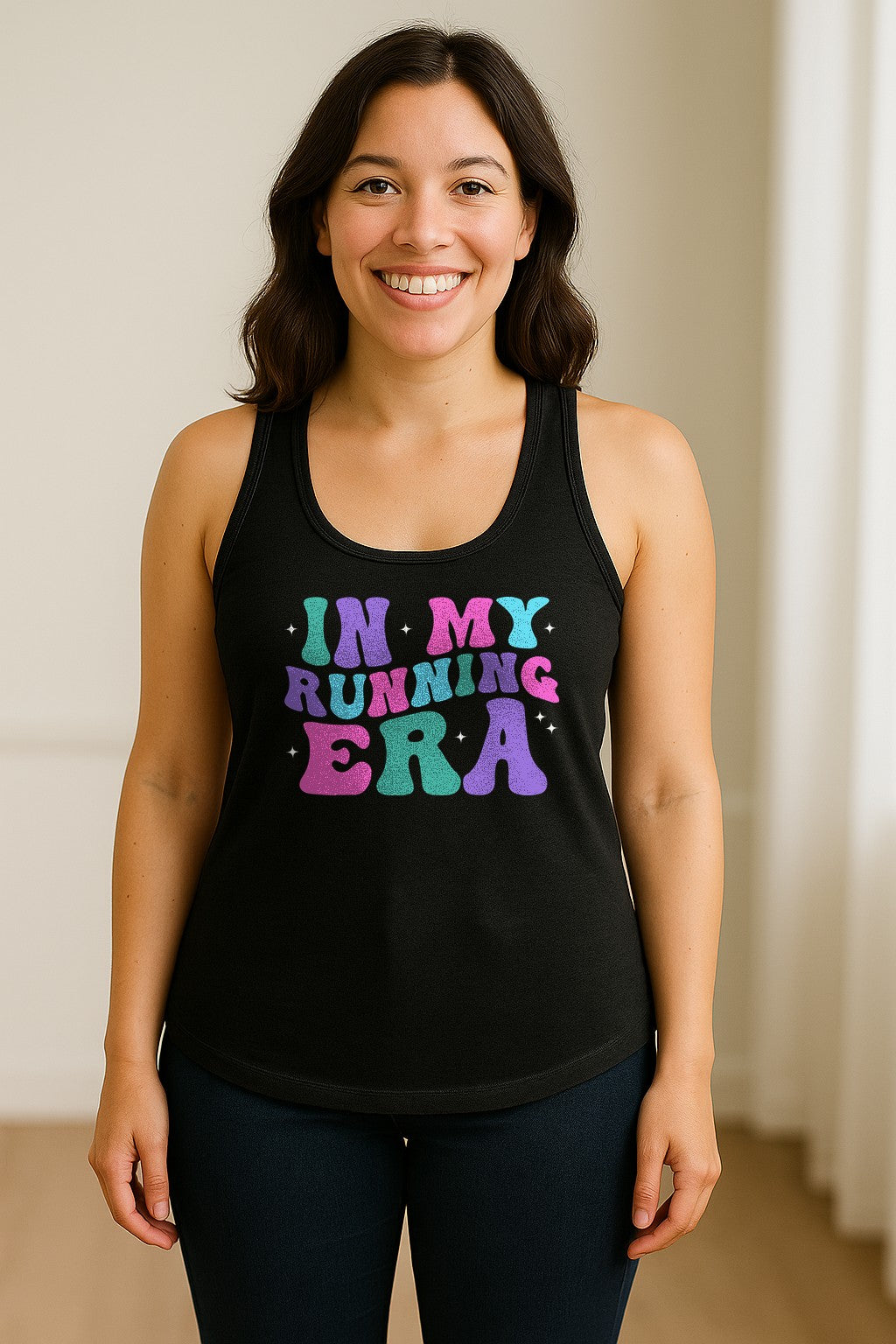 In My Running Era Women's Racerback Tank Top, Colorful Lettering with Sparkles for Runners