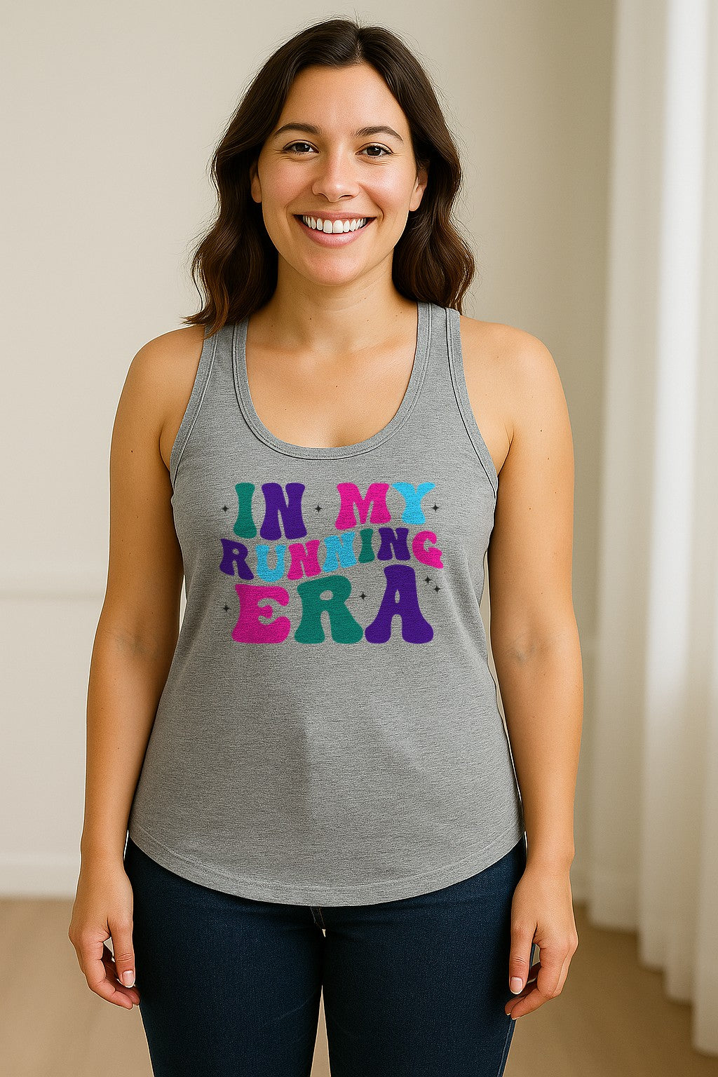 In My Running Era Women's Racerback Tank Top, Colorful Lettering with Sparkles for Runners