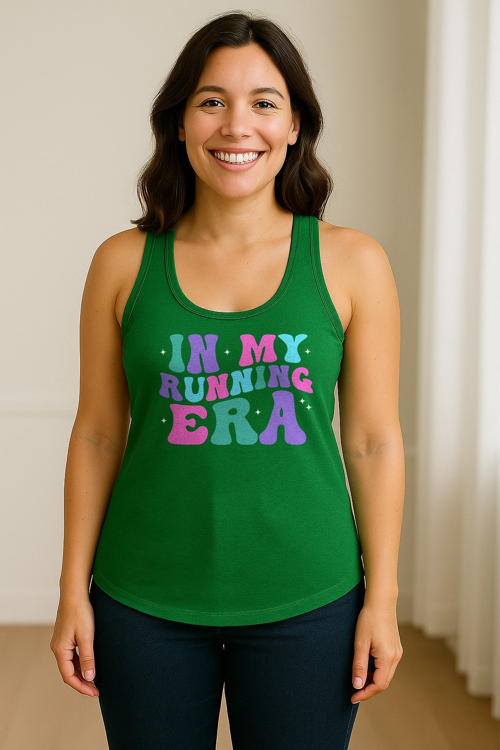 In My Running Era Women's Racerback Tank Top, Colorful Lettering with Sparkles for Runners