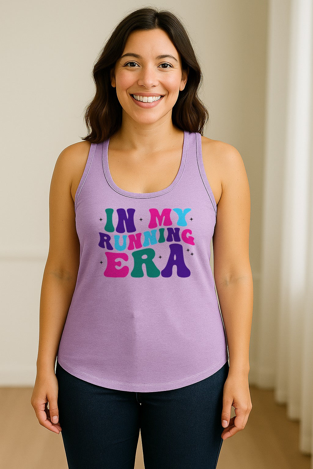 In My Running Era Women's Racerback Tank Top, Colorful Lettering with Sparkles for Runners