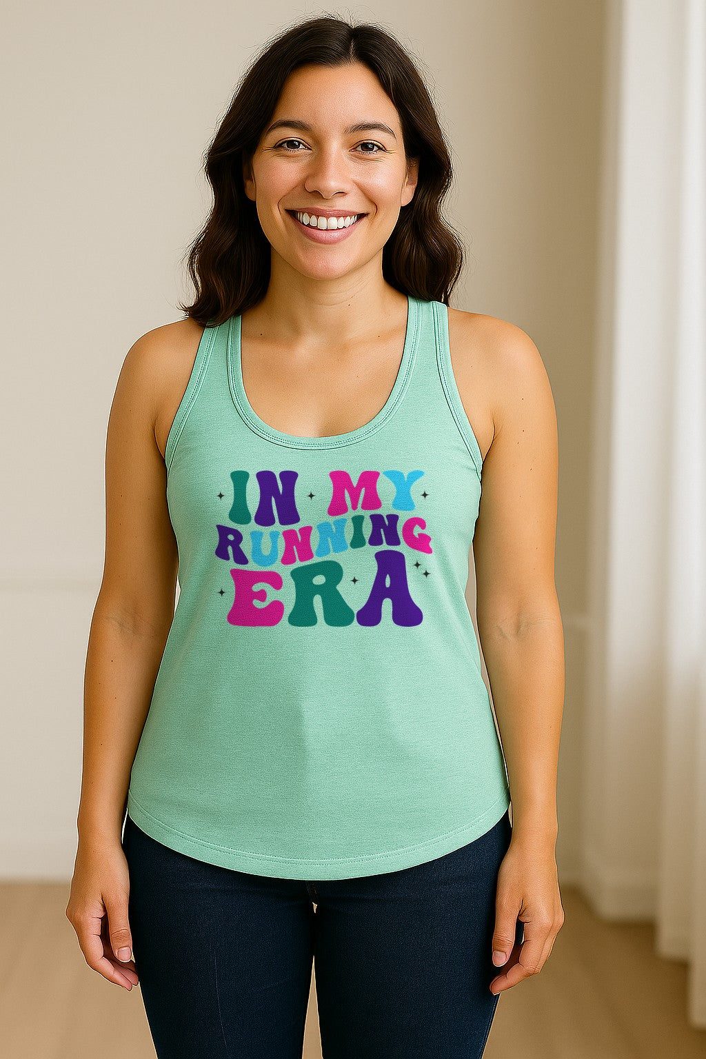 In My Running Era Women's Racerback Tank Top, Colorful Lettering with Sparkles for Runners