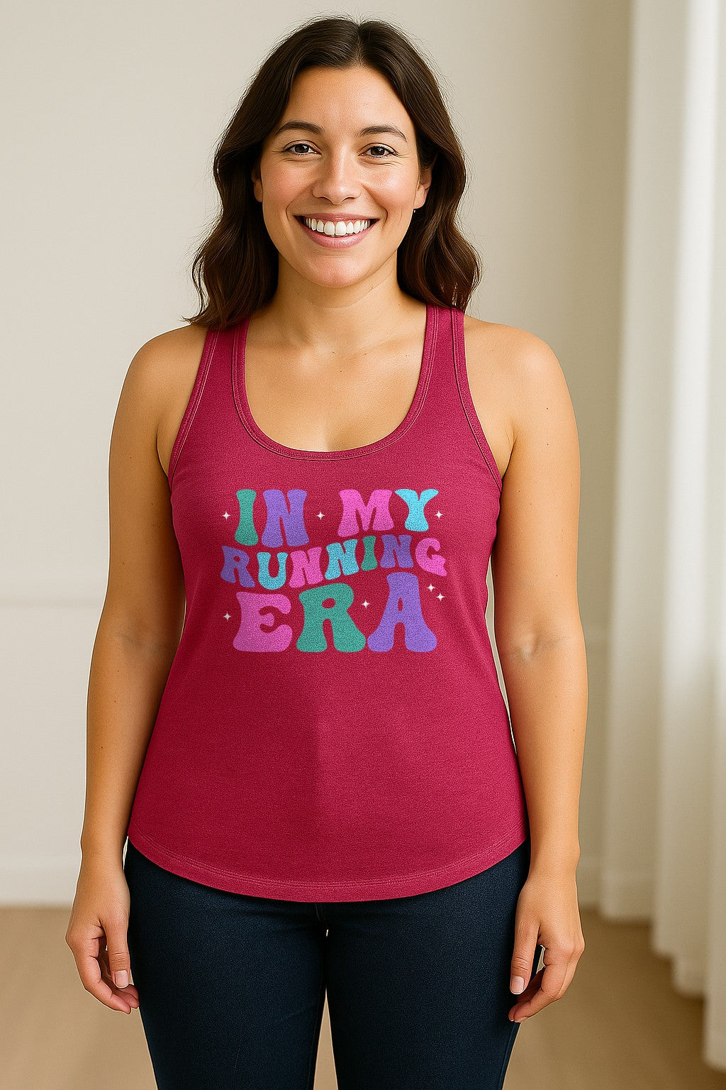 In My Running Era Women's Racerback Tank Top, Colorful Lettering with Sparkles for Runners