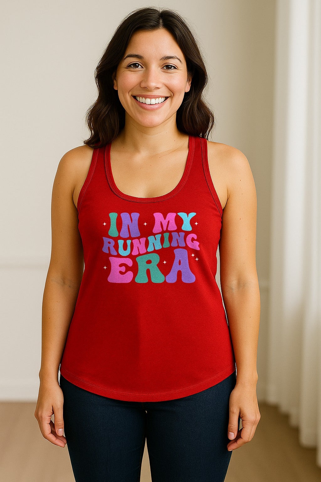 In My Running Era Women's Racerback Tank Top, Colorful Lettering with Sparkles for Runners