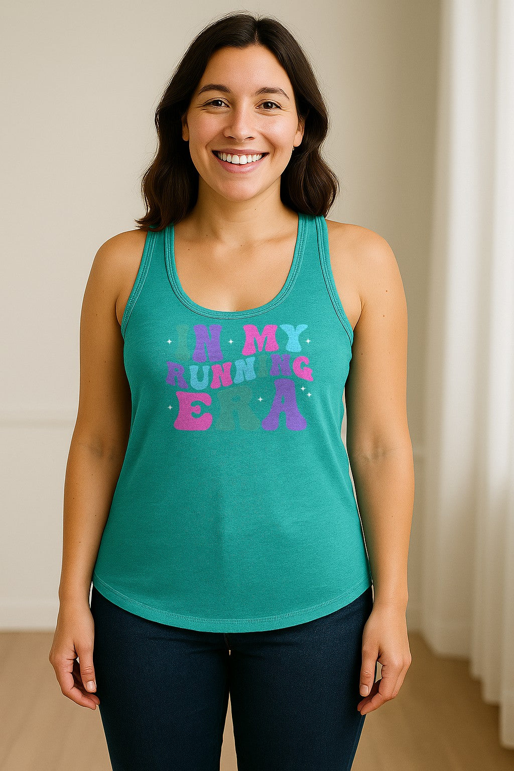 In My Running Era Women's Racerback Tank Top, Colorful Lettering with Sparkles for Runners