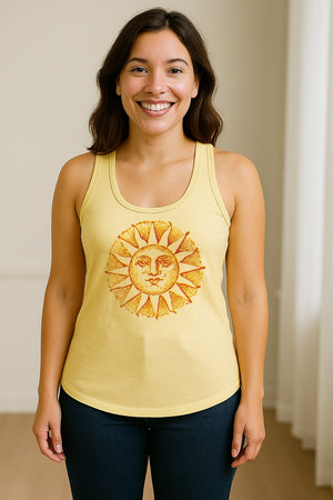 Boho Vintage Sun Face Women's Racerback Tank Top, Celestial Graphic for Summer, Beach and Workout Days