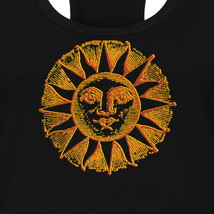 Boho Vintage Sun Face Women's Racerback Tank Top, Celestial Graphic for Summer, Beach and Workout Days