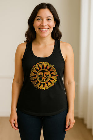 Boho Vintage Sun Face Women's Racerback Tank Top, Celestial Graphic for Summer, Beach and Workout Days