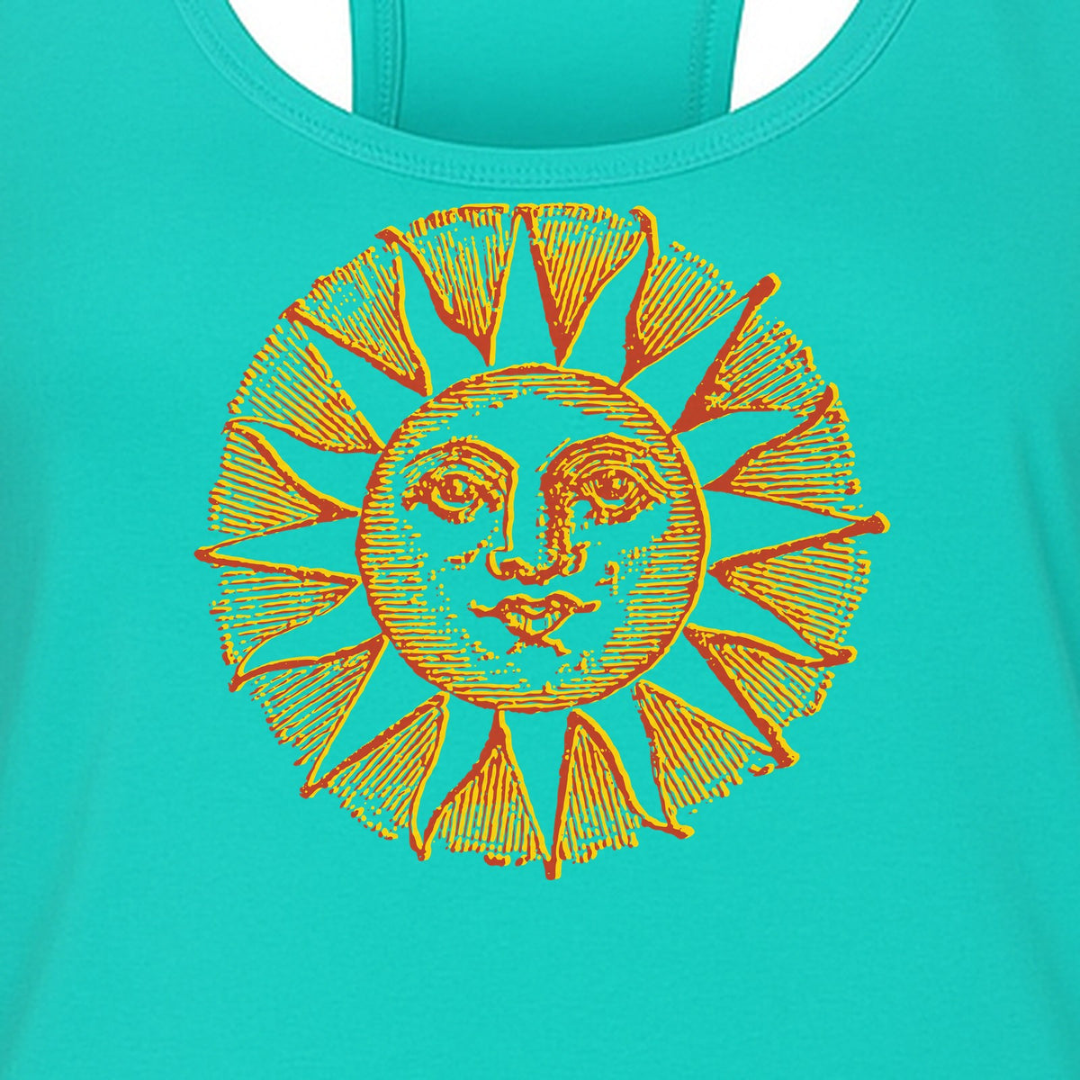 Boho Vintage Sun Face Women's Racerback Tank Top, Celestial Graphic for Summer, Beach and Workout Days