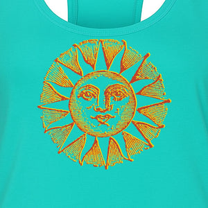 Boho Vintage Sun Face Women's Racerback Tank Top, Celestial Graphic for Summer, Beach and Workout Days