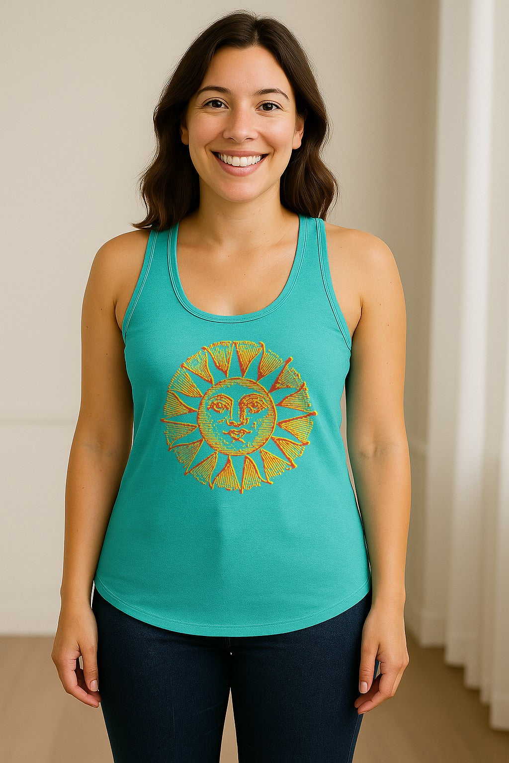 Boho Vintage Sun Face Women's Racerback Tank Top, Celestial Graphic for Summer, Beach and Workout Days