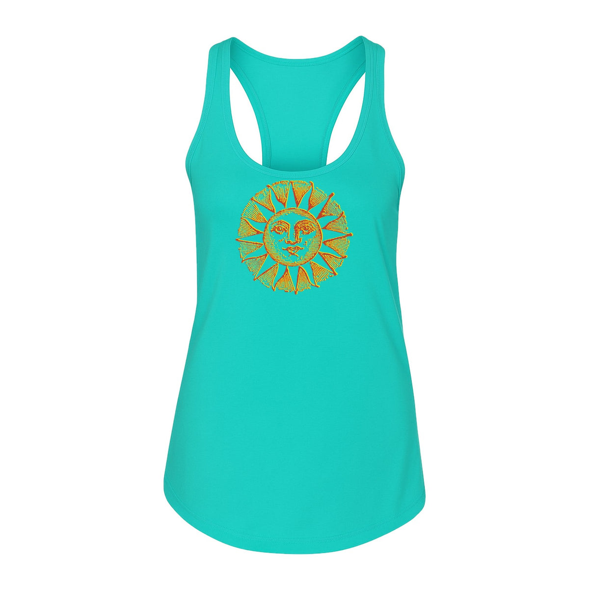Boho Vintage Sun Face Women's Racerback Tank Top, Celestial Graphic for Summer, Beach and Workout Days