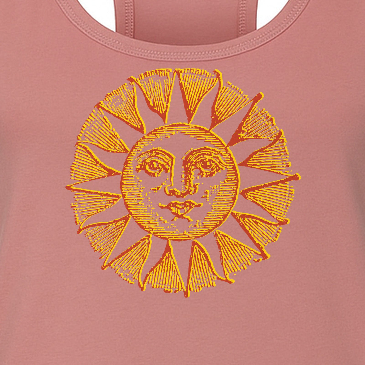 Boho Vintage Sun Face Women's Racerback Tank Top, Celestial Graphic for Summer, Beach and Workout Days