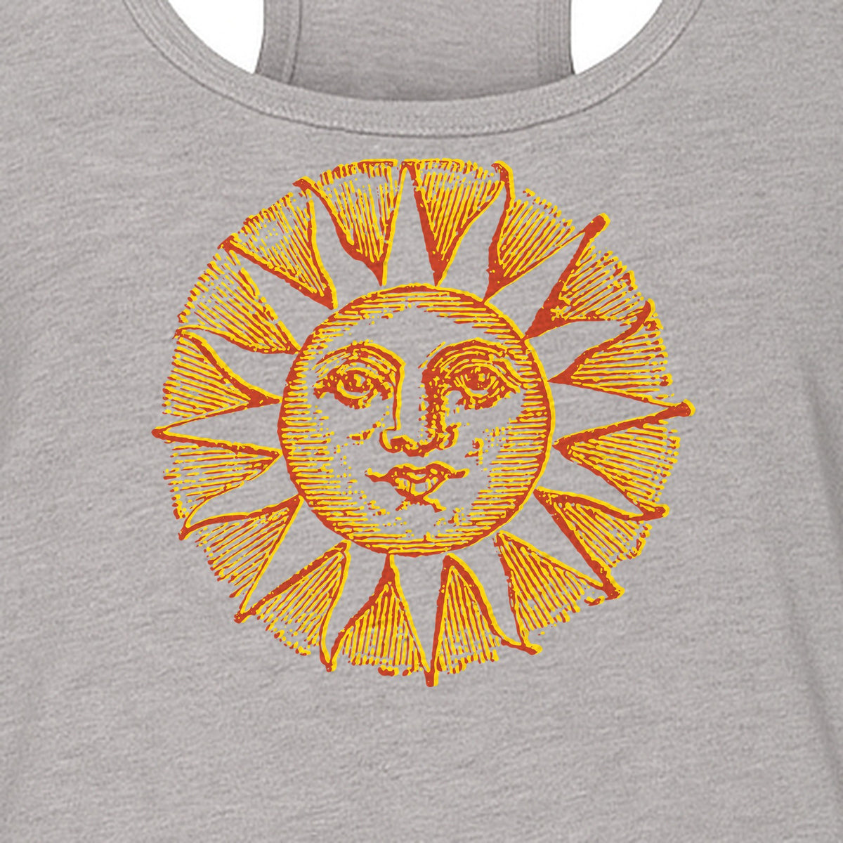 Boho Vintage Sun Face Women's Racerback Tank Top, Celestial Graphic for Summer, Beach and Workout Days