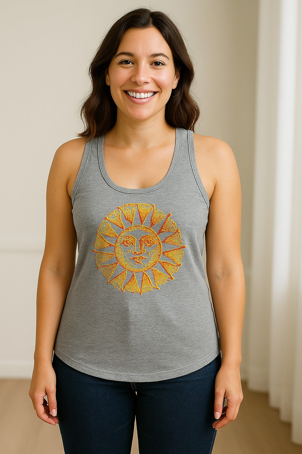 Boho Vintage Sun Face Women's Racerback Tank Top, Celestial Graphic for Summer, Beach and Workout Days