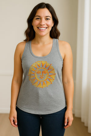 Boho Vintage Sun Face Women's Racerback Tank Top, Celestial Graphic for Summer, Beach and Workout Days