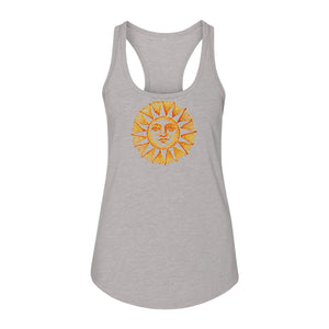 Boho Vintage Sun Face Women's Racerback Tank Top, Celestial Graphic for Summer, Beach and Workout Days